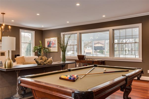 Billiard Table, Game Room, Interior, Pendant Lights, Recessed Lighting, Wood Texture Flooring