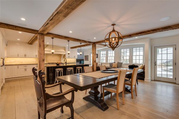 Chandelier, Dining room, Interior, Kitchen, Pendant Lights, Recessed Lighting, Wooden Beams, Wood Texture Flooring