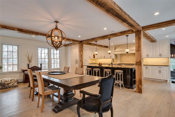 Chandelier, Dining room, Interior, Kitchen, Pendant Lights, Recessed Lighting, Wooden Beams, Wood Texture Flooring