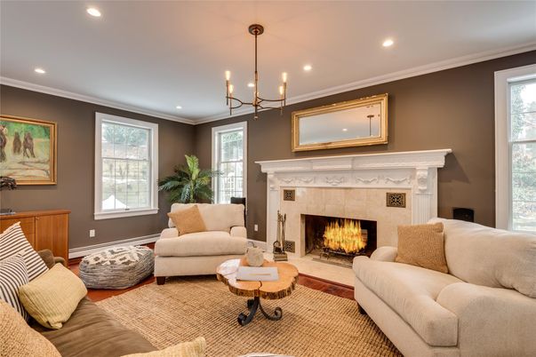 Chandelier, Fireplace, Interior, Living room, Recessed Lighting