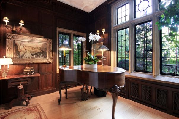 Home Office, Interior, Piano, Wood Texture Flooring, Wooden Walls