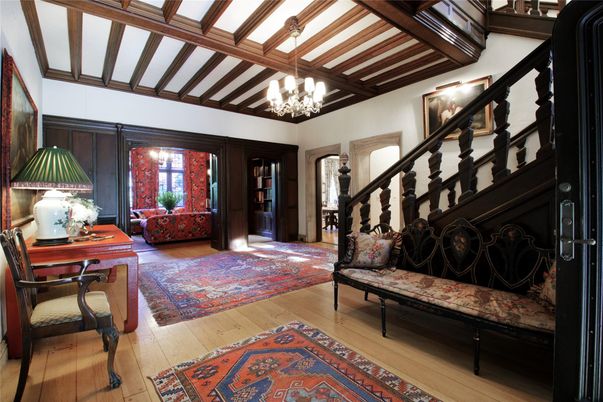 Chandelier, Interior, Living room, Wooden Beams, Wood Texture Flooring