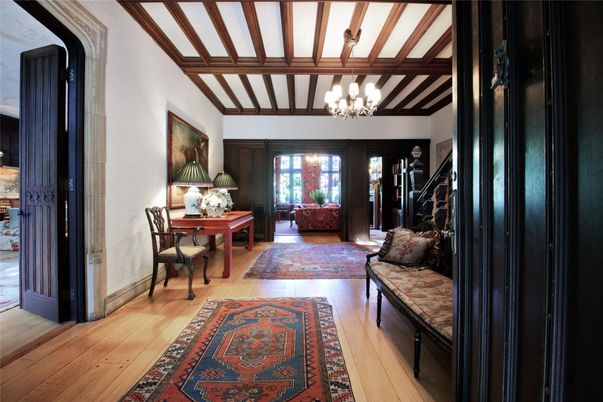 Chandelier, Home Office, Interior, Wooden Beams, Wood Texture Flooring