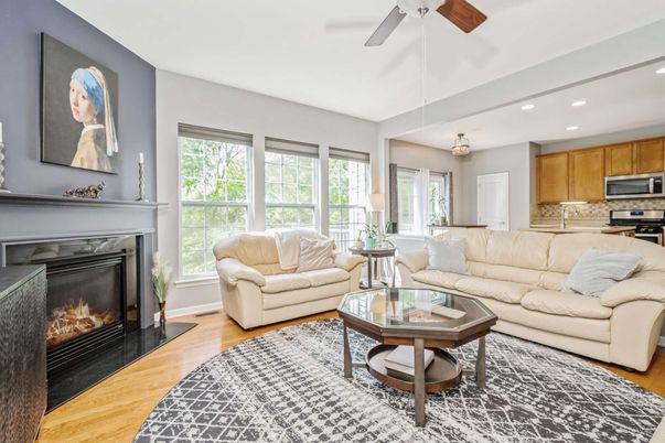 Fireplace, Interior, Kitchen, Living room, Pendant Lights, Recessed Lighting, Stainless Steel Appliances, Wood Texture Flooring