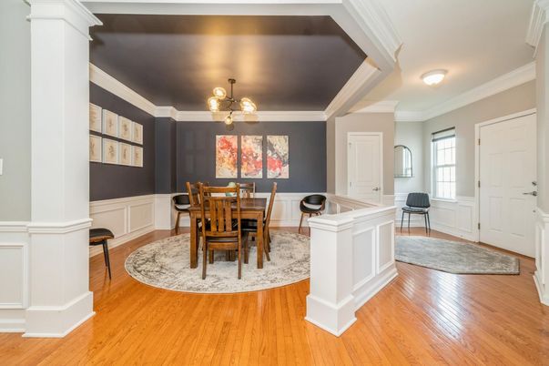 Chandelier, Dining room, Interior, Wood Texture Flooring