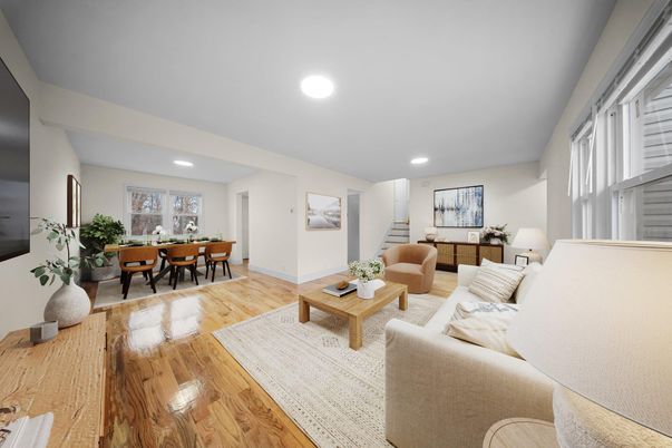 Dining room, Interior, Living room, Recessed Lighting, Wood Texture Flooring