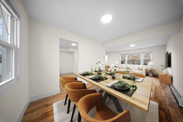 Dining room, Interior, Living room, Recessed Lighting, Wood Texture Flooring