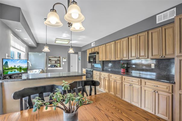 Interior, Kitchen, Pendant Lights, Recessed Lighting, Wood Texture Flooring