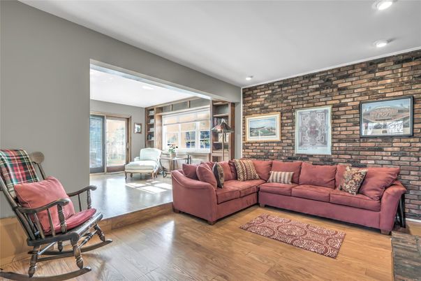 Interior, Living room, Recessed Lighting, Stone Walls, Wood Texture Flooring