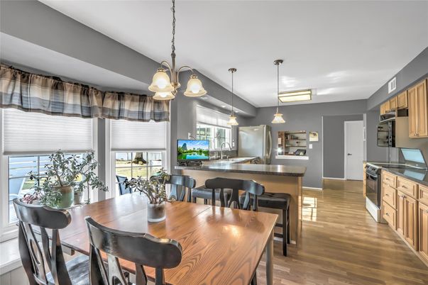 Dining room, Interior, Kitchen, Pendant Lights, Wood Texture Flooring