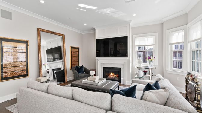 Fireplace, Interior, Living room, Recessed Lighting, Wood Texture Flooring