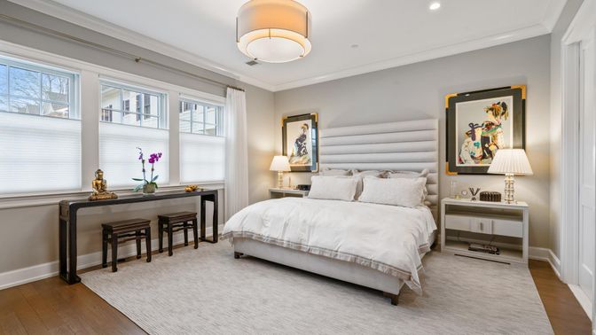 Bedroom, Interior, Recessed Lighting, Wood Texture Flooring