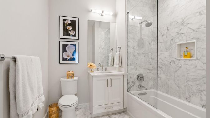 Bathroom, Glass Shower, Interior, Marble, Marble Walls