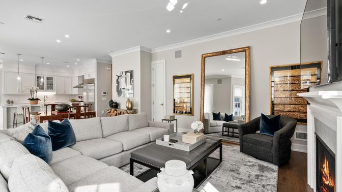 Dining room, Fireplace, Interior, Kitchen, Living room, Pendant Lights, Recessed Lighting, Wood Texture Flooring