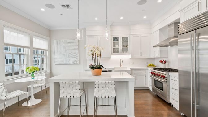 Interior, Kitchen, Pendant Lights, Recessed Lighting, Stainless Steel Appliances, Wood Texture Flooring
