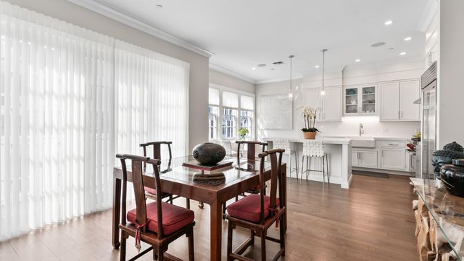 Dining room, Interior, Kitchen, Pendant Lights, Recessed Lighting, Wood Texture Flooring