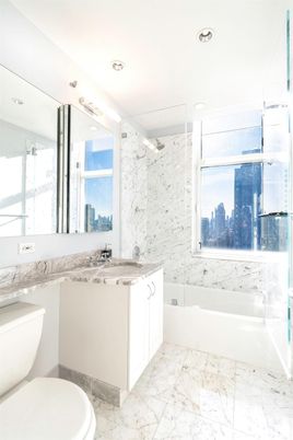 Bathroom, Glass Shower, Interior, Marble, Marble Walls, Recessed Lighting