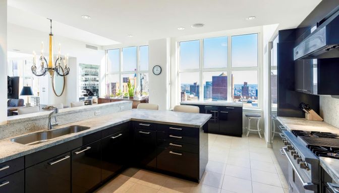Chandelier, Interior, Kitchen, Recessed Lighting, Stainless Steel Appliances