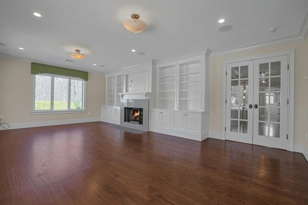 Empty room, Fireplace, Interior, Recessed Lighting, Wood Texture Flooring