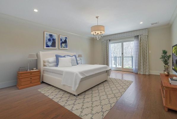 Bedroom, Chandelier, Interior, Recessed Lighting, Wood Texture Flooring