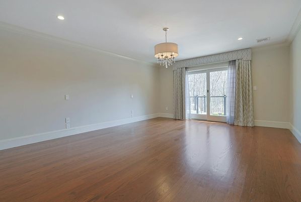Chandelier, Empty room, Interior, Recessed Lighting, Wood Texture Flooring