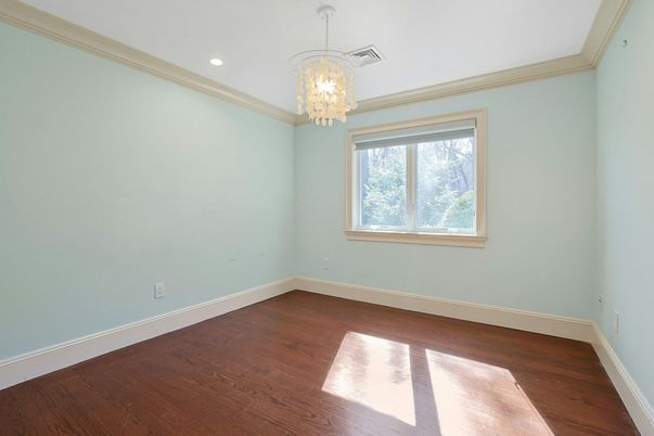 Chandelier, Empty room, Interior, Recessed Lighting, Wood Texture Flooring