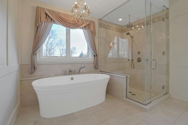 Bathroom, Chandelier, Free Standing Baths, Glass Shower, Interior, Recessed Lighting