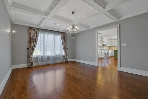 Chandelier, Empty room, Interior, Kitchen, Wood Texture Flooring