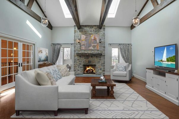 Fireplace, Interior, Living room, Pendant Lights, Stone Walls, Wooden Beams, Wood Texture Flooring