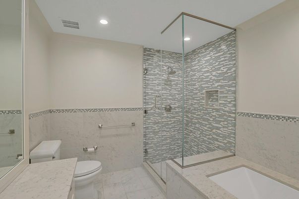 Bathroom, Glass Shower, Interior, Marble, Recessed Lighting