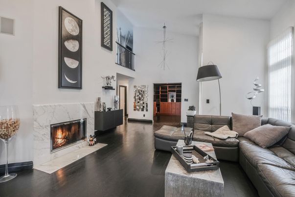 Fireplace, Interior, Living room, Pendant Lights, Wood Texture Flooring