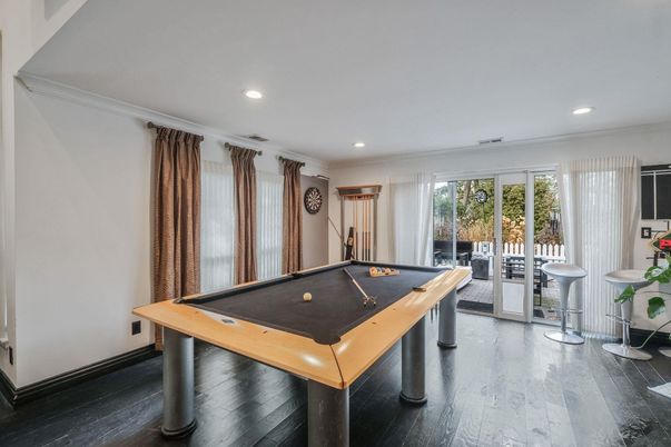Billiard Table, Game Room, Interior, Recessed Lighting, Wood Texture Flooring