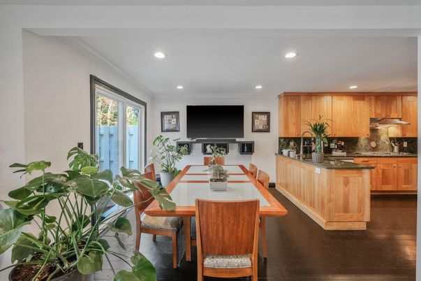 Dining room, Interior, Kitchen, Recessed Lighting, Wood Texture Flooring