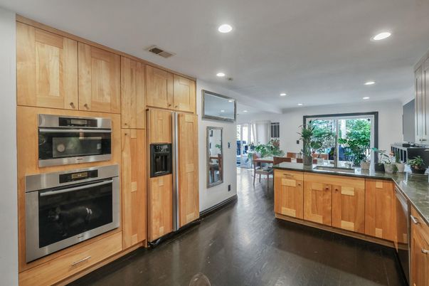 Dining room, Interior, Kitchen, Recessed Lighting, Stainless Steel Appliances, Wood Texture Flooring