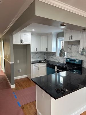 Interior, Kitchen, Marble Walls, Pendant Lights, Recessed Lighting, Wood Texture Flooring