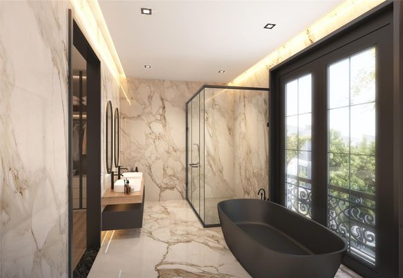 Bathroom, Free Standing Baths, Glass Shower, Interior, Marble, Marble Walls, Recessed Lighting