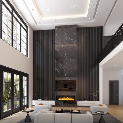 Fireplace, Interior, Living room, Marble Walls, Recessed Lighting