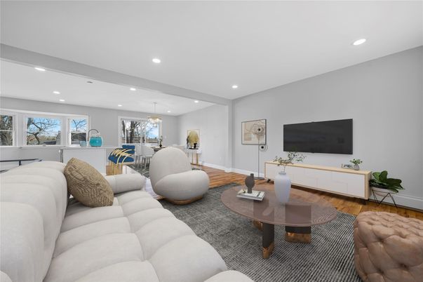 Chandelier, Dining room, Interior, Living room, Recessed Lighting, Wood Texture Flooring