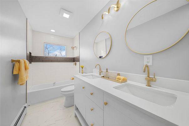 Bathroom, Dual Sink Vanities, Interior, Marble, Recessed Lighting