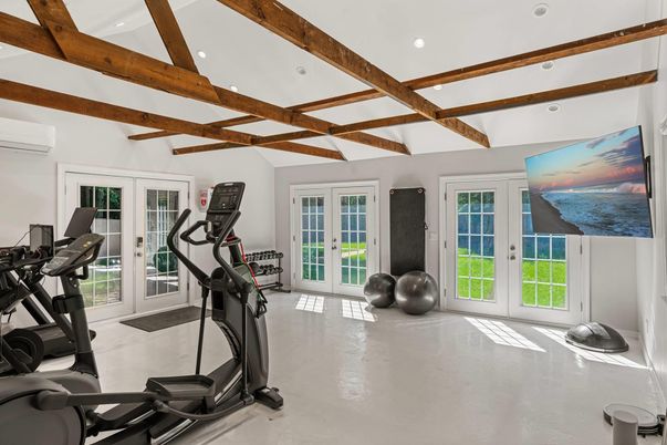 Fitness Equipment, Interior, Recessed Lighting, Water, Wooden Beams