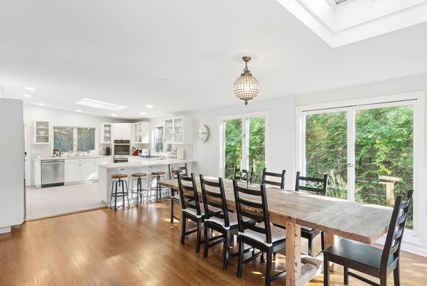 Dining room, Interior, Kitchen, Recessed Lighting, Stainless Steel Appliances, Wood Texture Flooring