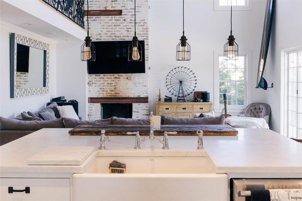 Fireplace, Interior, Kitchen, Pendant Lights, Stone Walls