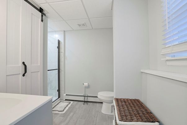 Bathroom, Glass Shower, Interior, Wood Texture Flooring