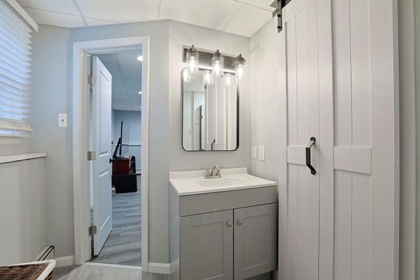 Bathroom, Interior, Recessed Lighting, Wood Texture Flooring