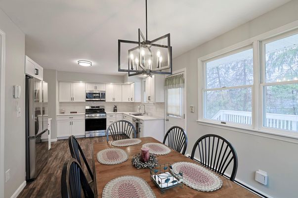 Dining room, Interior, Kitchen, Pendant Lights, Stainless Steel Appliances, Wood Texture Flooring