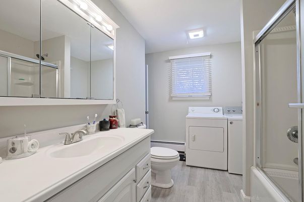 Bathroom, Interior, Washer, Wood Texture Flooring
