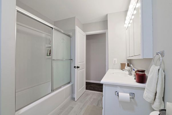 Bathroom, Glass Shower, Interior, Wood Texture Flooring