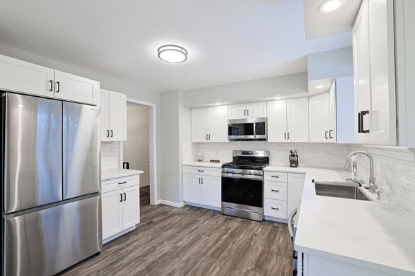 Interior, Kitchen, Recessed Lighting, Stainless Steel Appliances, Wood Texture Flooring