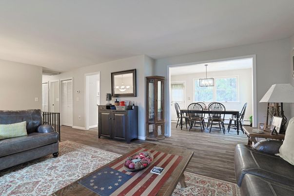 Dining room, Interior, Pendant Lights, Wood Texture Flooring