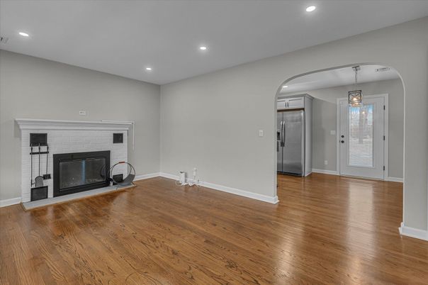 Empty room, Fireplace, Interior, Pendant Lights, Recessed Lighting, Wood Texture Flooring